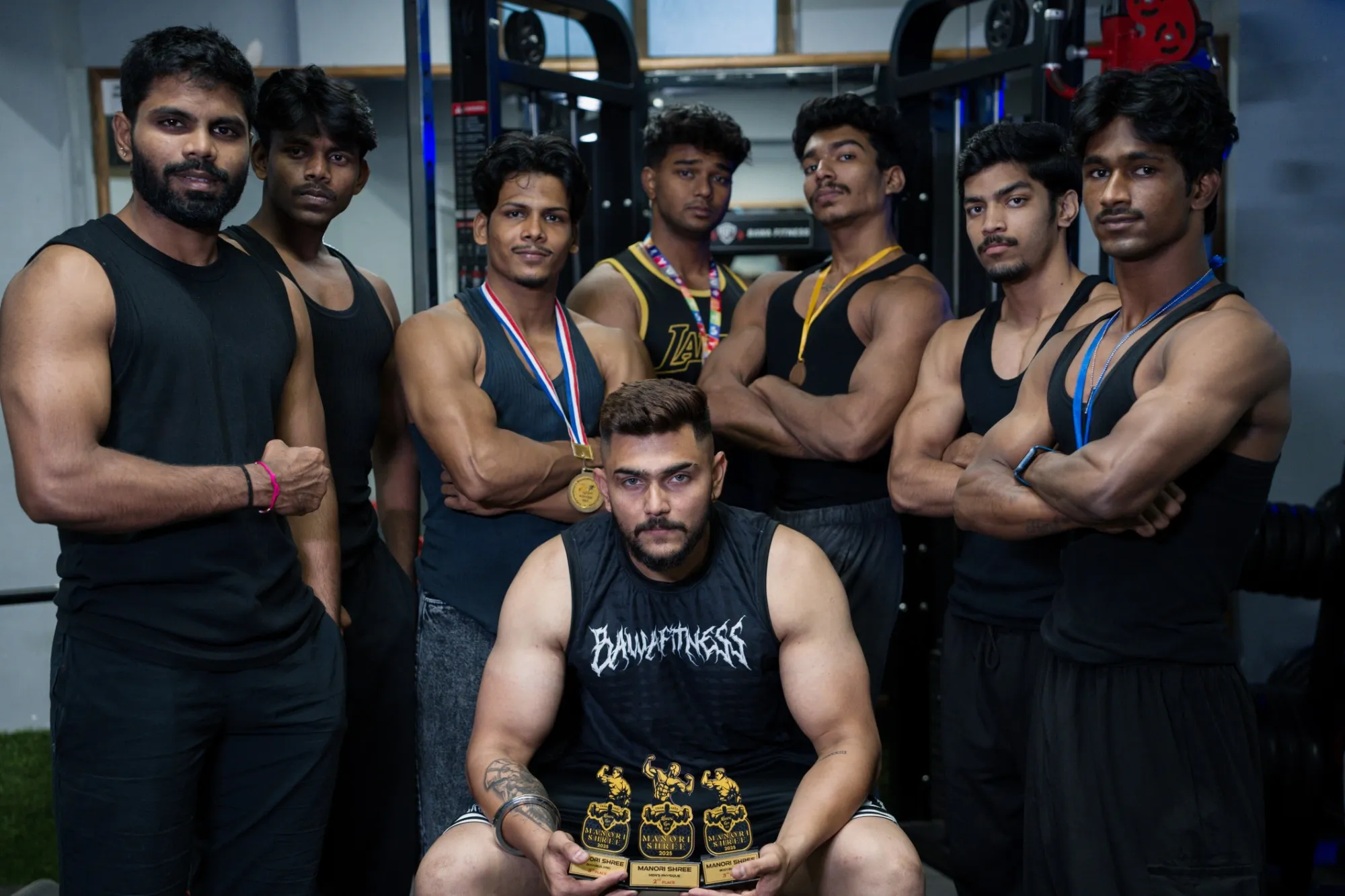 Bawa Fitness athletes with their Manori Gym Shree 2025 trophies and medals